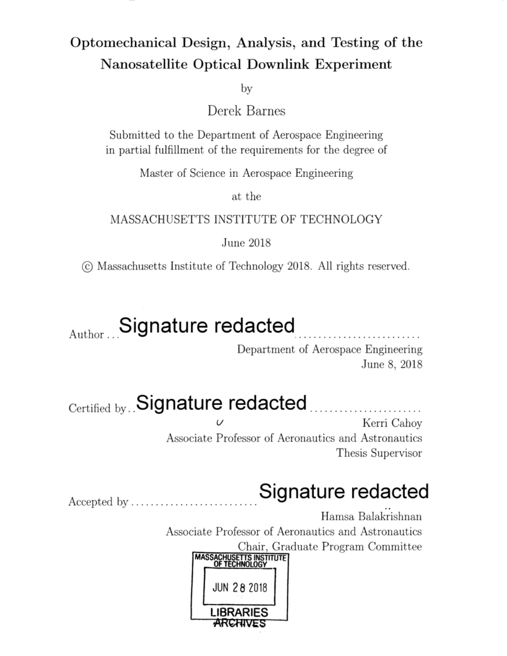 Signature Redacted Department of Aerospace Engineering June 8, 2018
