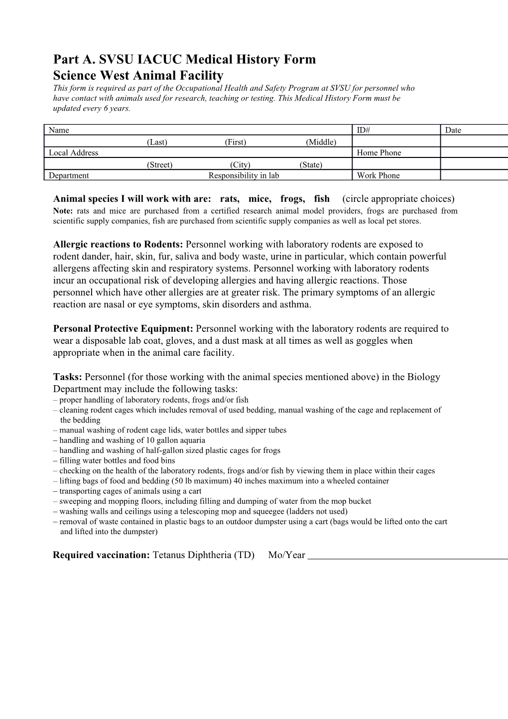 Part A. SVSU IACUC Medical History Form