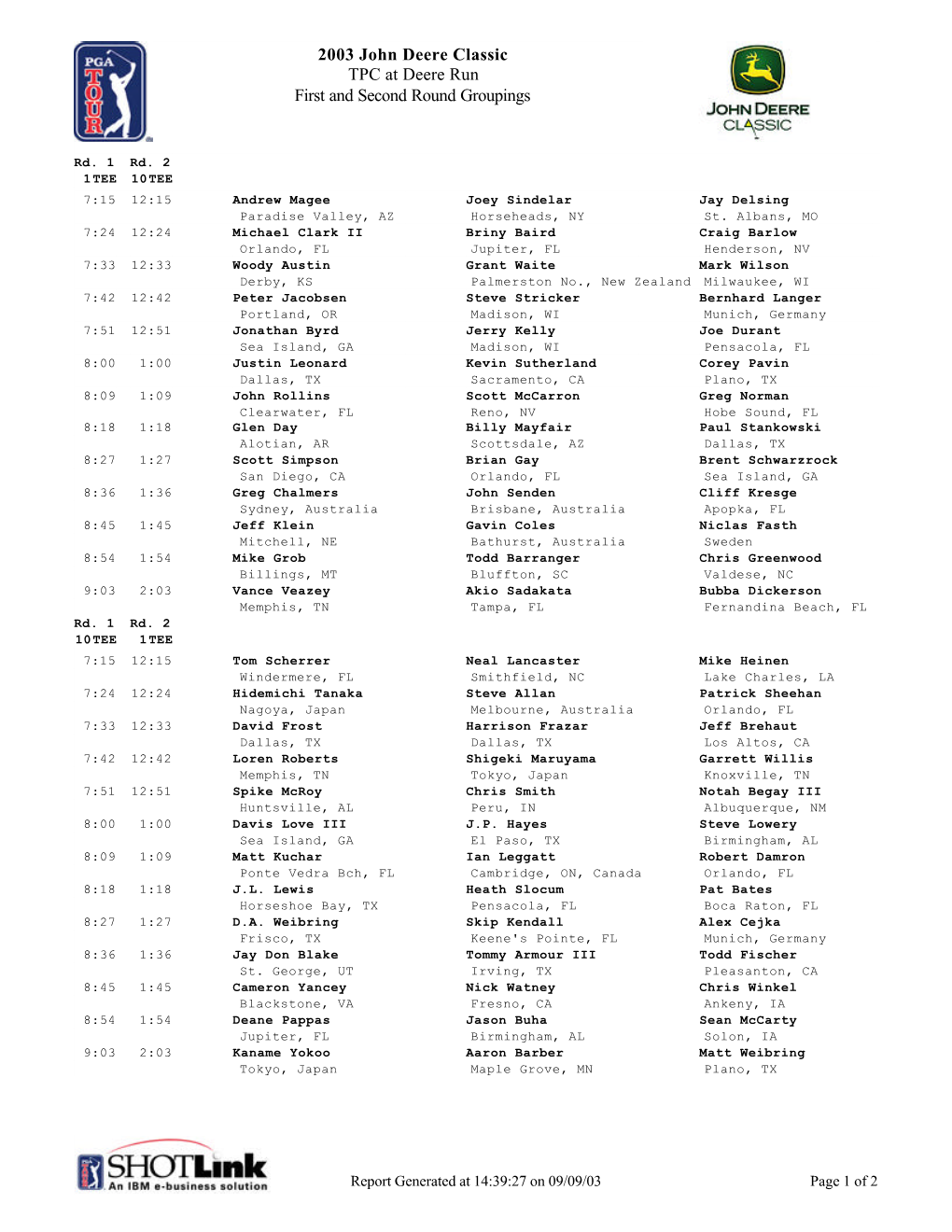 2003 John Deere Classic TPC at Deere Run First and Second Round Groupings