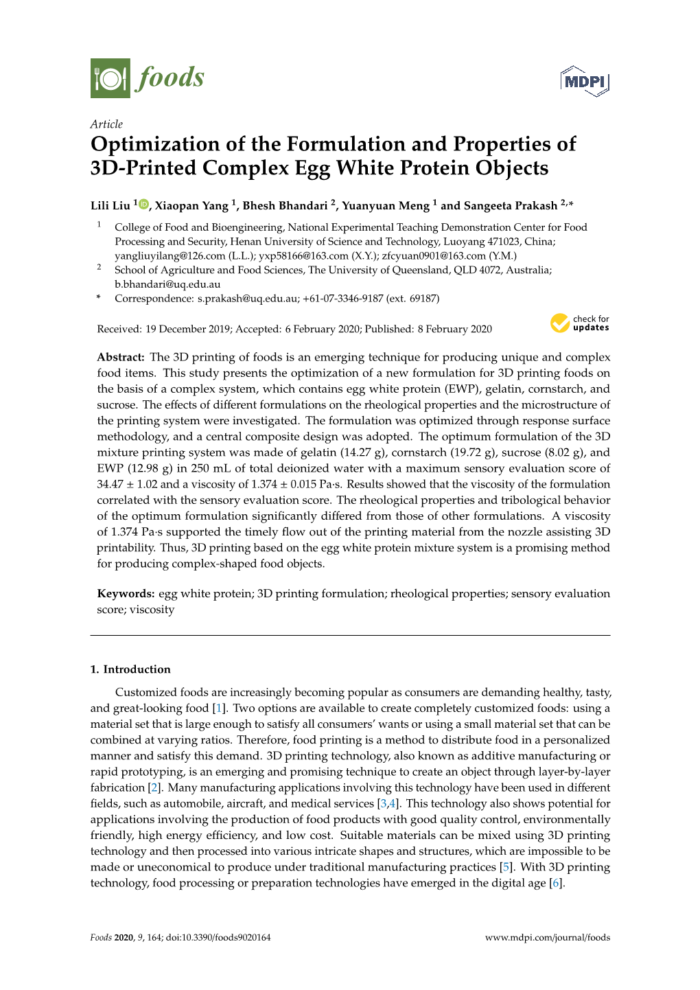 Optimization of the Formulation and Properties of 3D-Printed Complex Egg White Protein Objects