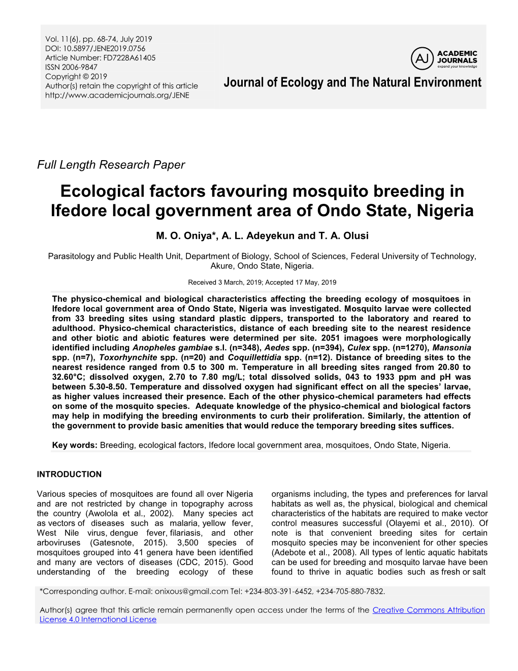 Ecological Factors Favouring Mosquito Breeding in Ifedore Local Government Area of Ondo State, Nigeria