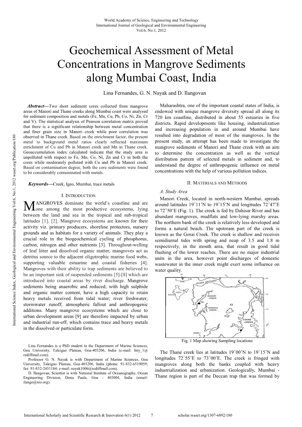 Geochemical Assessment of Metal Concentrations in Mangrove Sediments Along Mumbai Coast, India