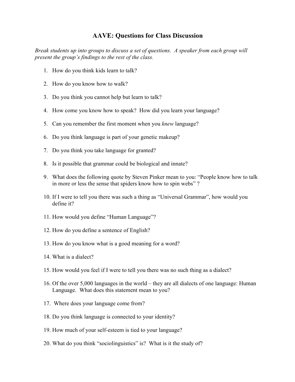 AAVE: Questions for Class Discussion