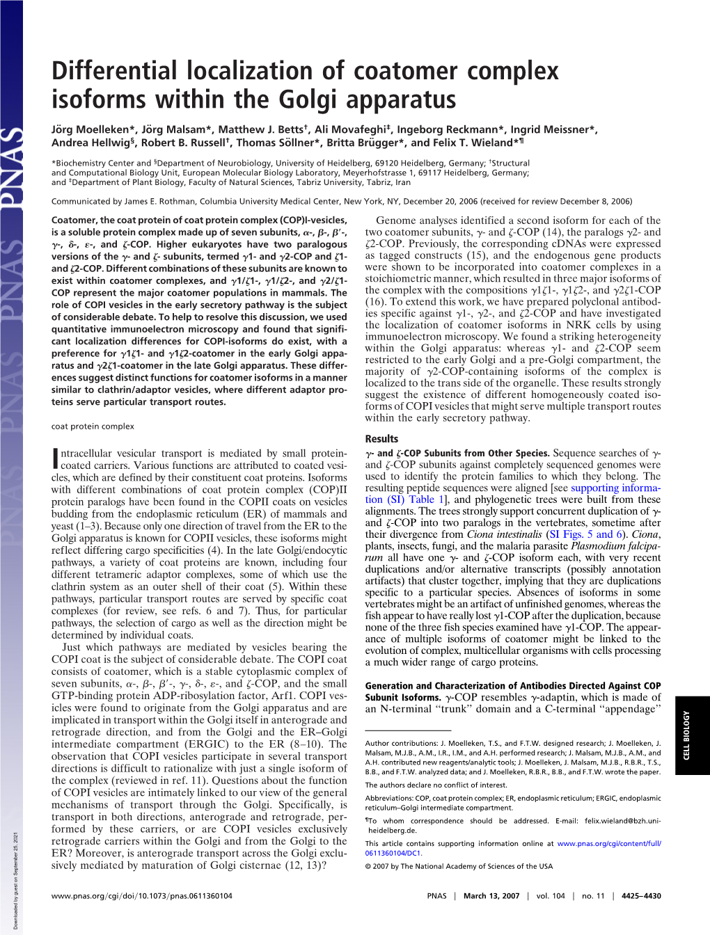 Differential Localization of Coatomer Complex Isoforms Within the Golgi Apparatus