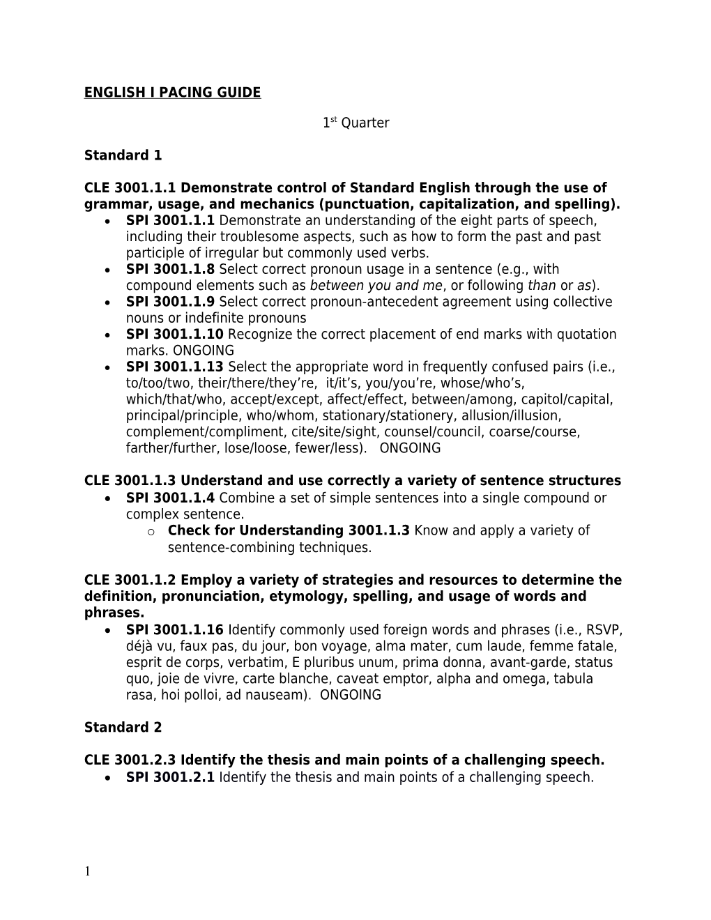 English I Pacing Guide