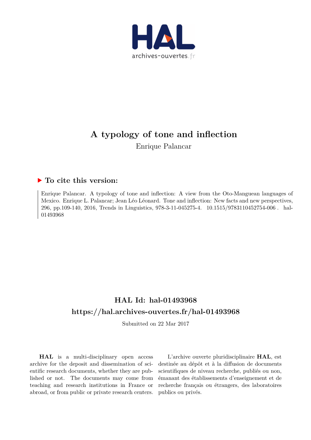 A Typology of Tone and Inflection Enrique Palancar