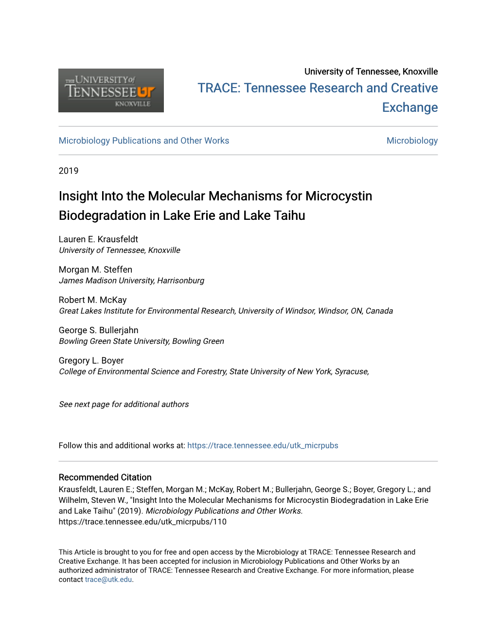 Insight Into the Molecular Mechanisms for Microcystin Biodegradation in Lake Erie and Lake Taihu