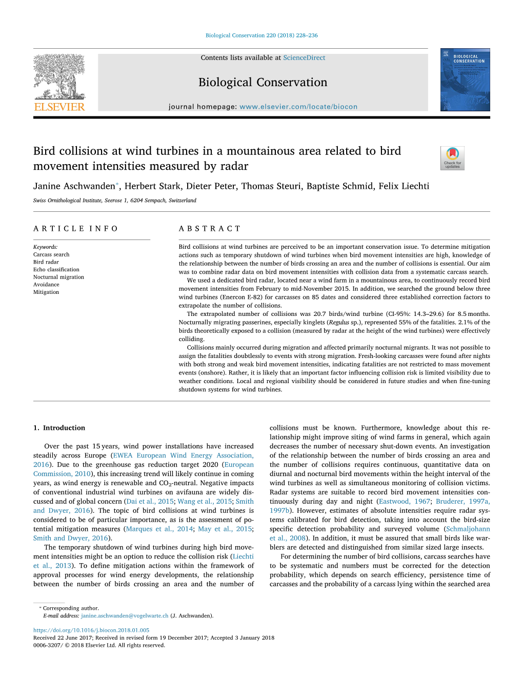 Bird Collisions at Wind Turbines in a Mountainous Area Related to Bird Movement Intensities Measured by Radar