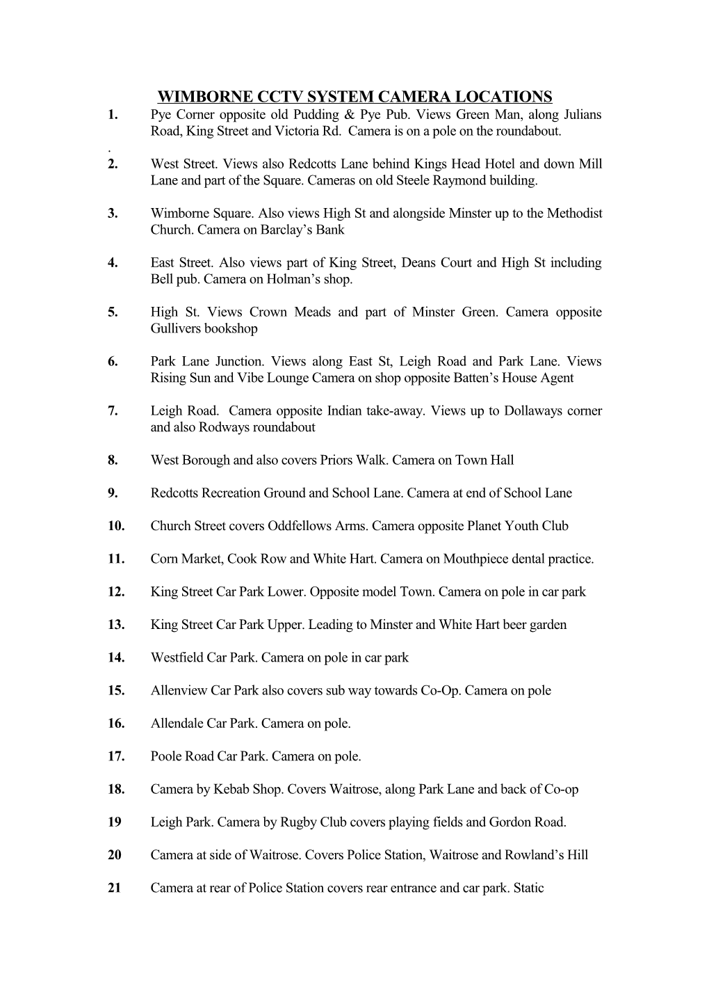 Wimborne Cctv System Camera Locations