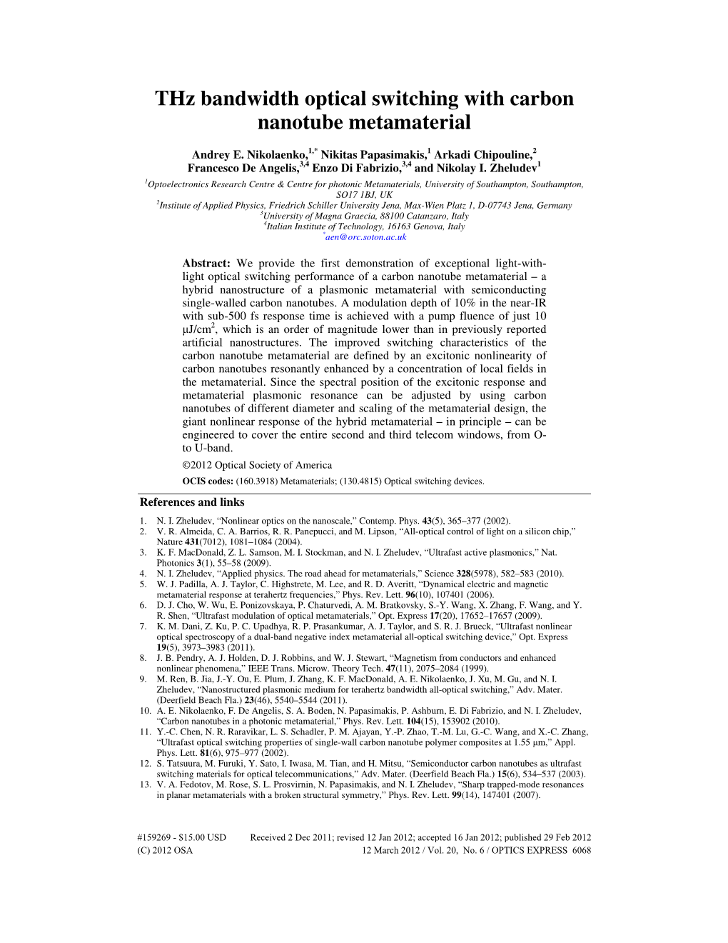 Thz Bandwidth Optical Switching with Carbon Nanotube Metamaterial