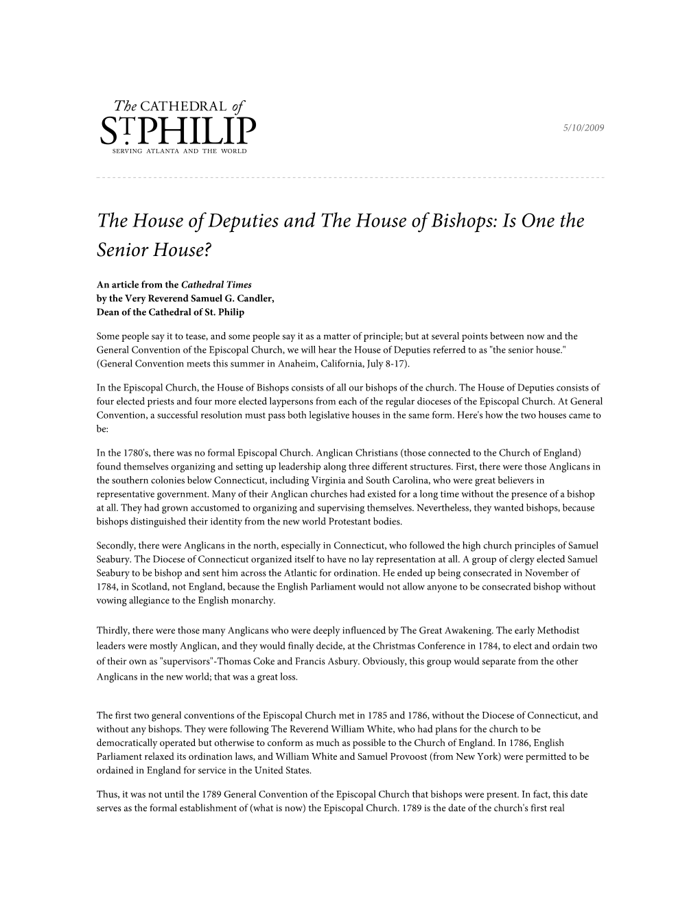The House of Deputies and the House of Bishops: Is One the Senior House?