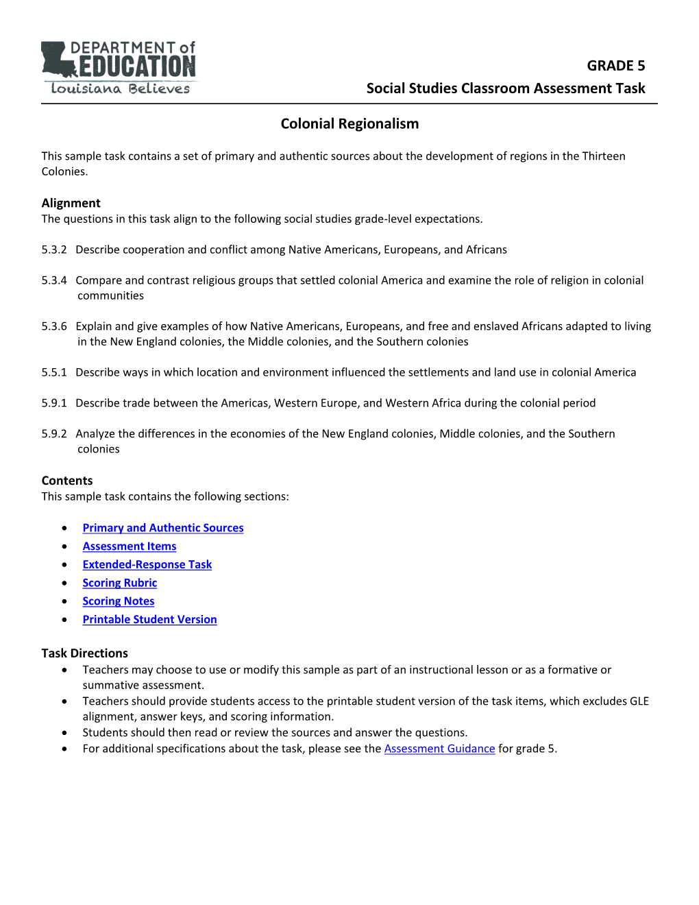 GRADE 5 Social Studies Classroom Assessment Task Colonial