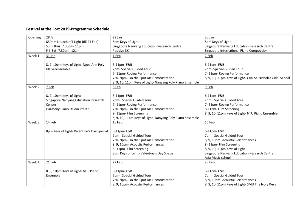 Festival at the Fort 2019-Programme Schedule