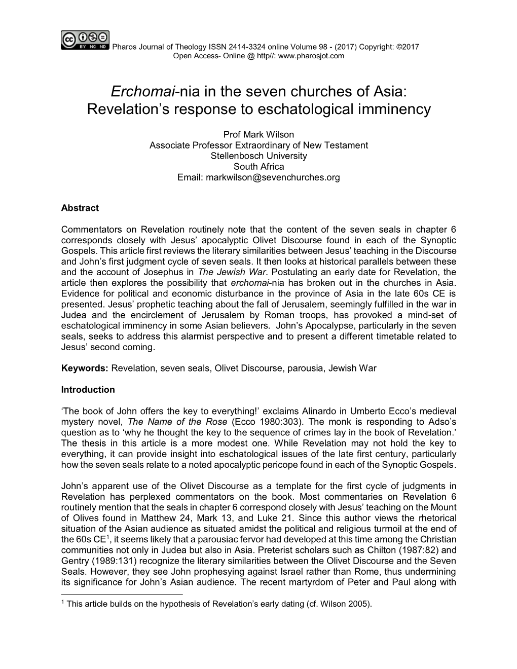 Erchomai-Nia in the Seven Churches of Asia: Revelation’S Response to Eschatological Imminency