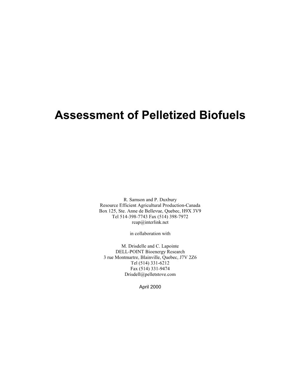 Assessm Ent of Pelletized Biofuels