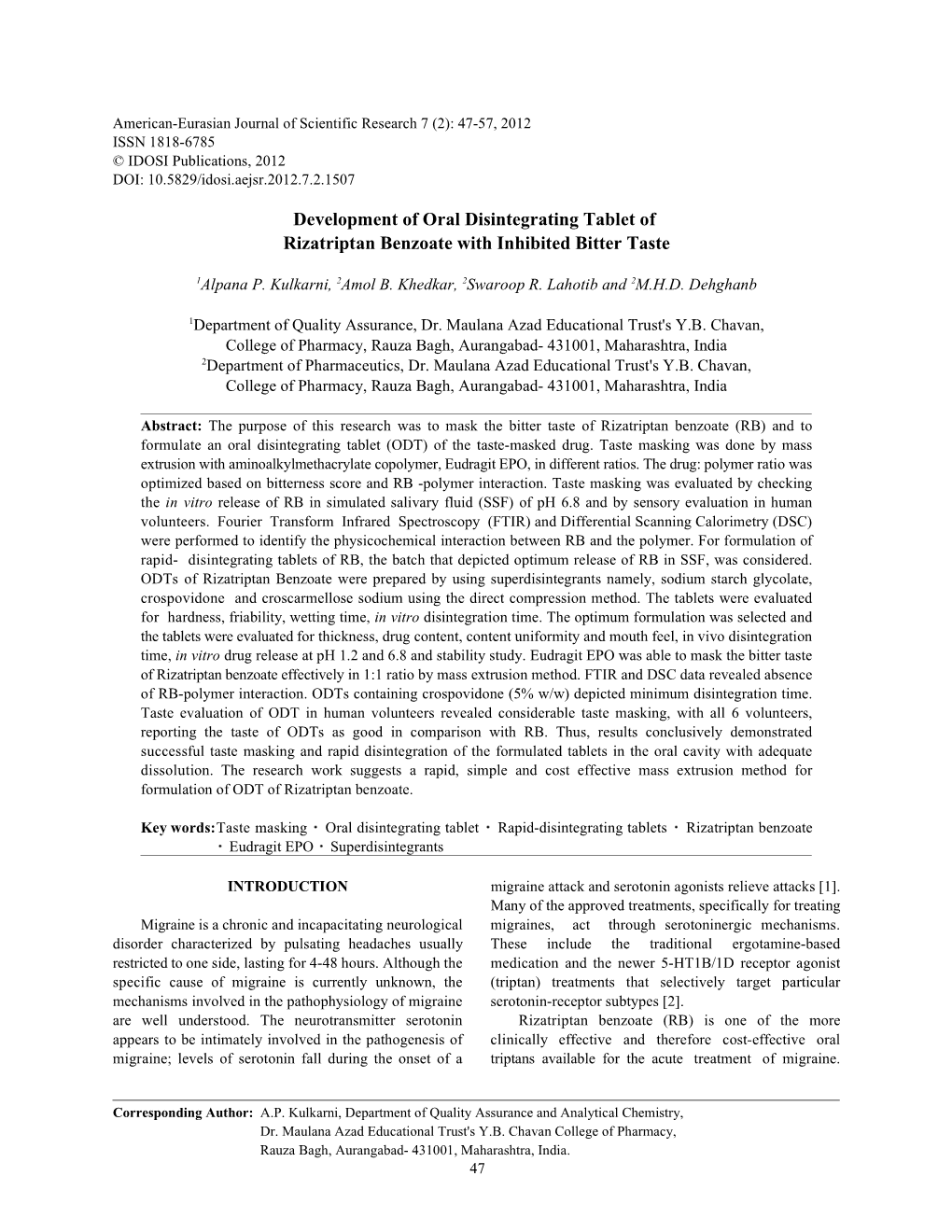 Development of Oral Disintegrating Tablet of Rizatriptan Benzoate with Inhibited Bitter Taste