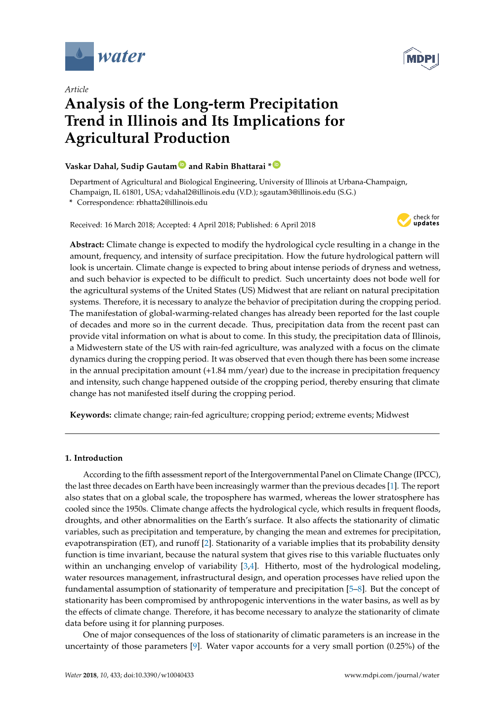 Analysis of the Long-Term Precipitation Trend in Illinois and Its Implications for Agricultural Production