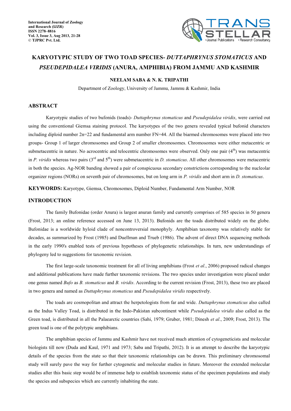 Karyotypic Study of Two Toad Species- Duttaphrynus Stomaticus and Pseudepidalea Viridis (Anura, Amphibia) from Jammu and Kashmir