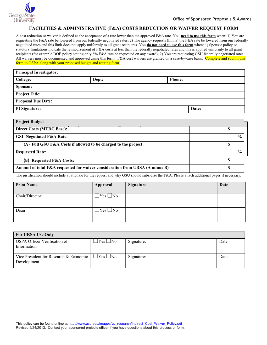 Facilities & Administrative (F&A) Costs Reduction Or Waiver Request Form