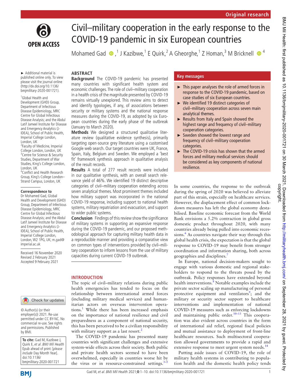 Civil–Military Cooperation in the Early Response to the COVID-19