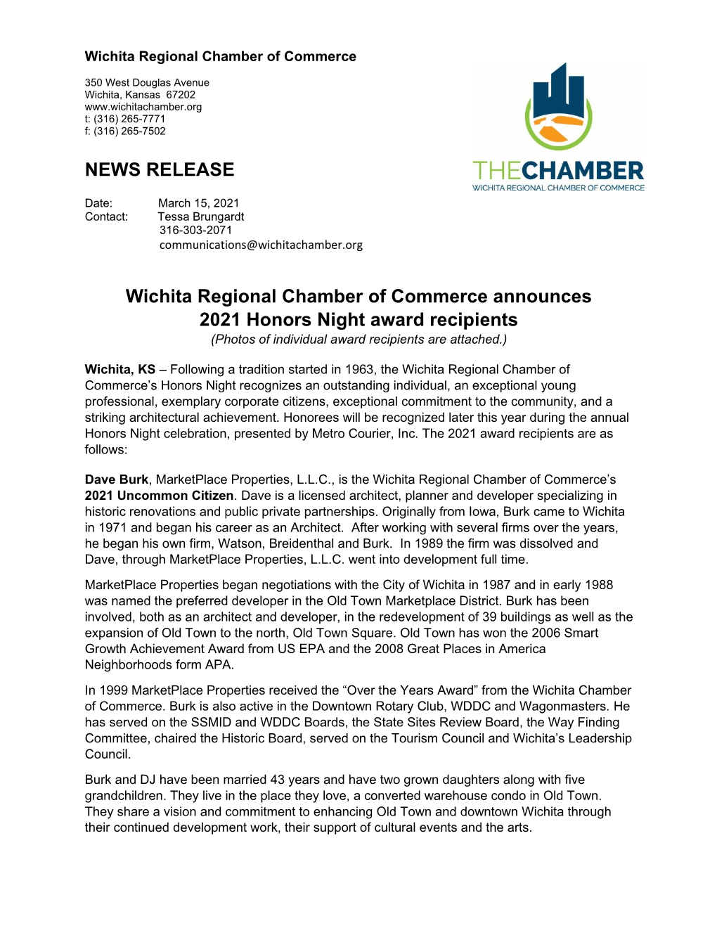 Chamber Announces 2021 Honors