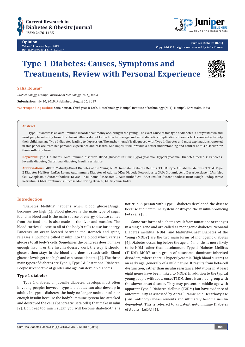 Type 1 Diabetes: Causes, Symptoms and Treatments, Review with Personal Experience