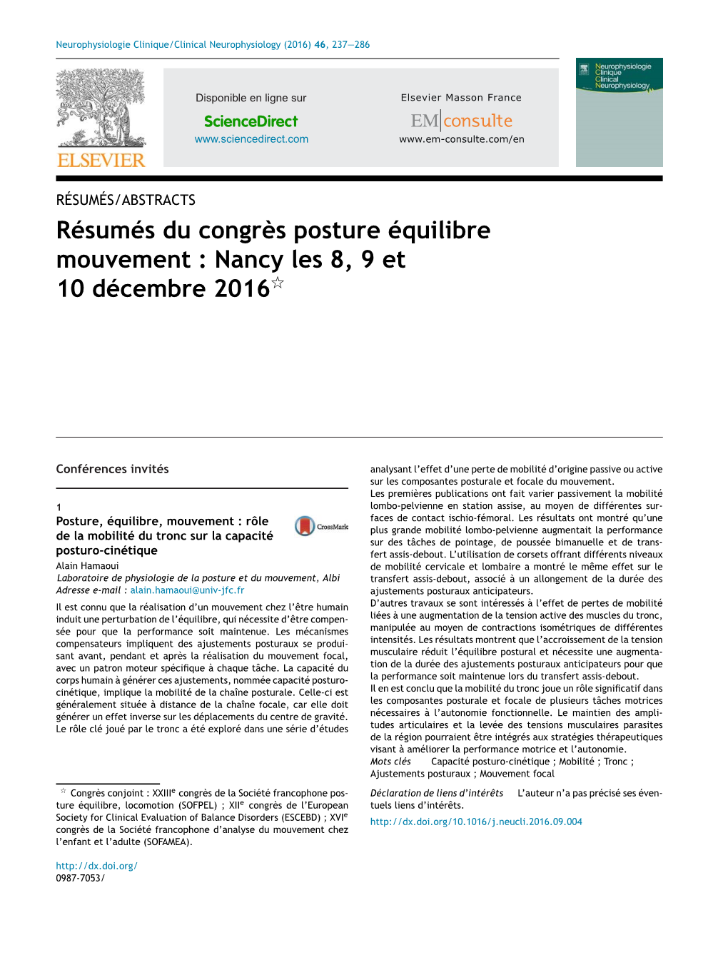 Résumés Du Congrès Posture Équilibre Mouvement : Nancy Les 8, 9 Et 10 Décembre 2016ଝ