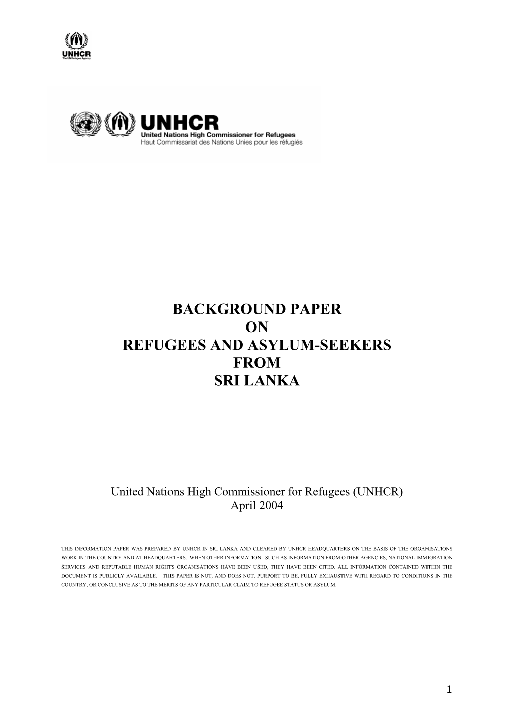 Background Paper on Refugees and Asylum-Seekers from Sri Lanka