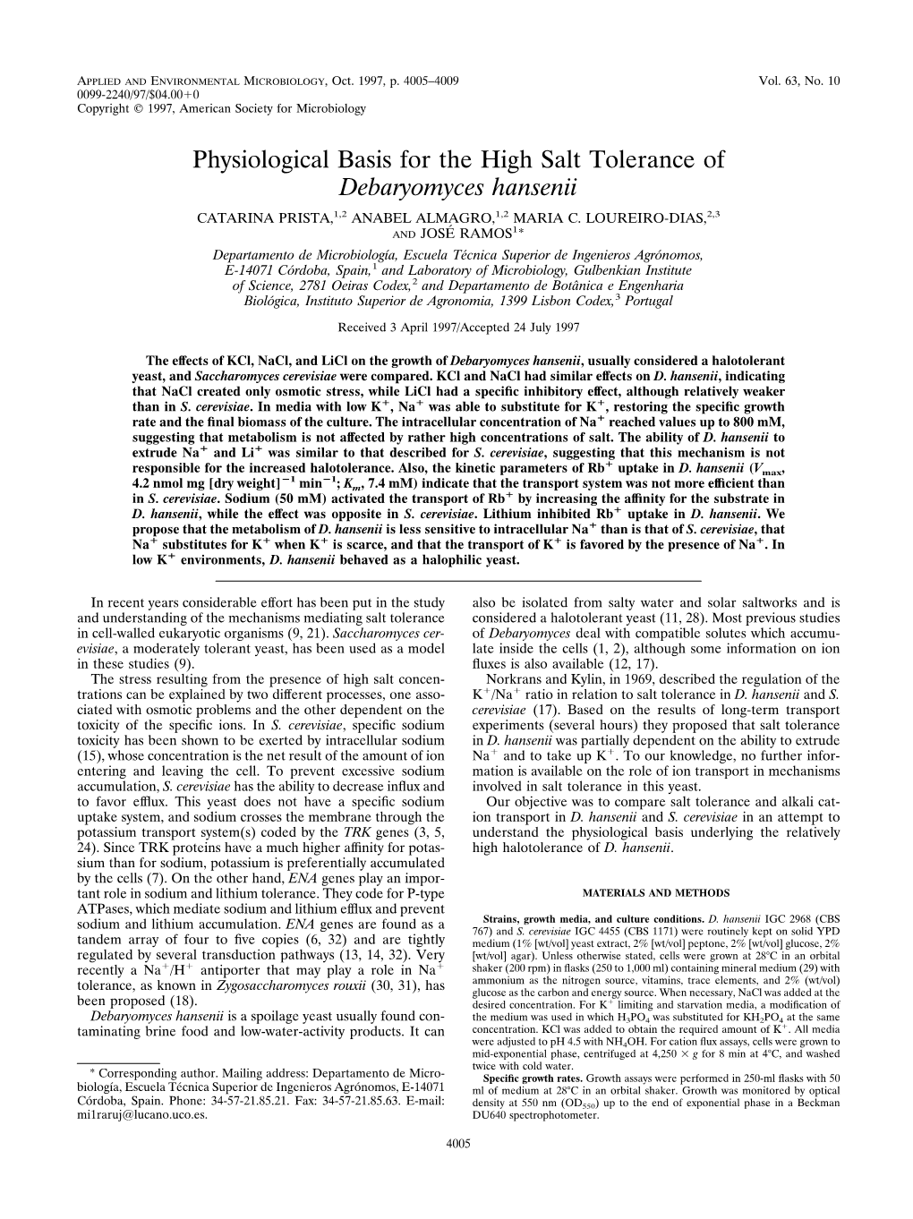 Physiological Basis for the High Salt Tolerance of Debaryomyces Hansenii