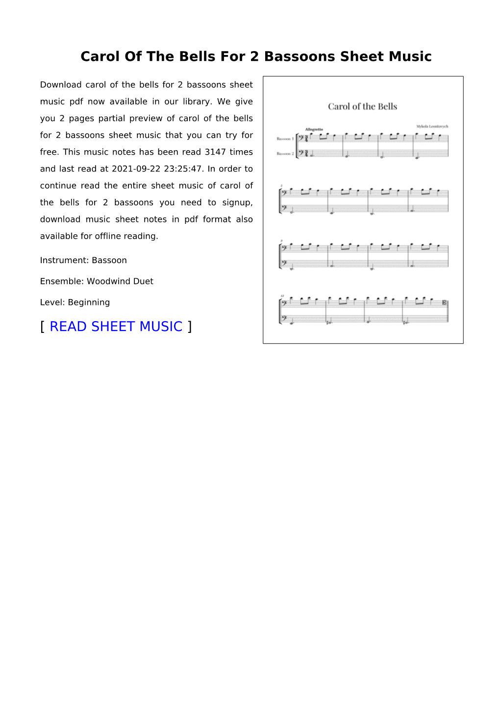 Carol of the Bells for 2 Bassoons Sheet Music