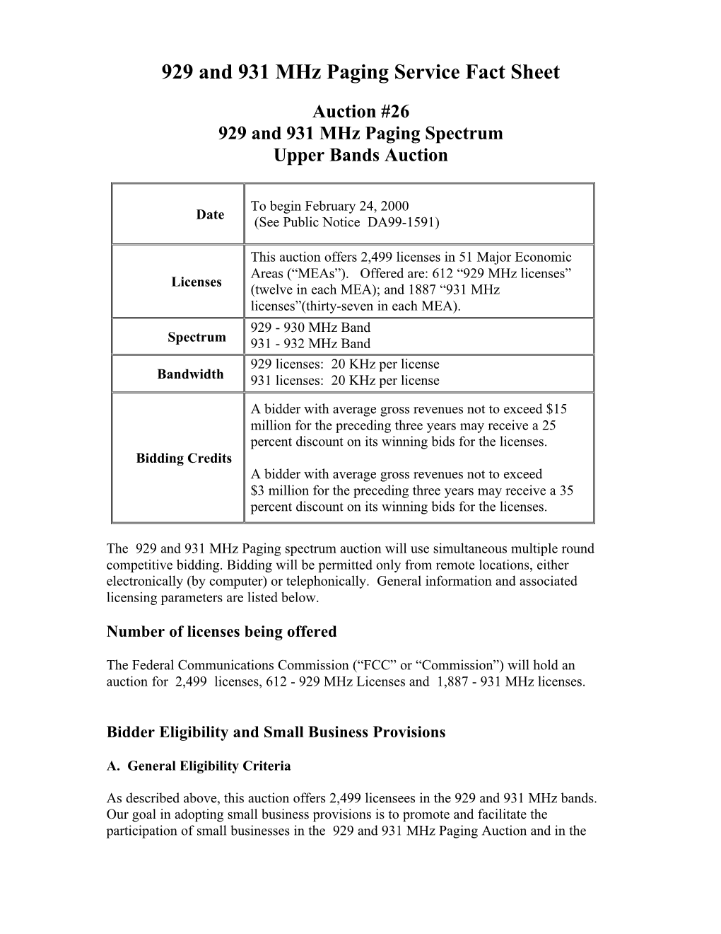 929 and 931 Mhz Paging Service Fact Sheet