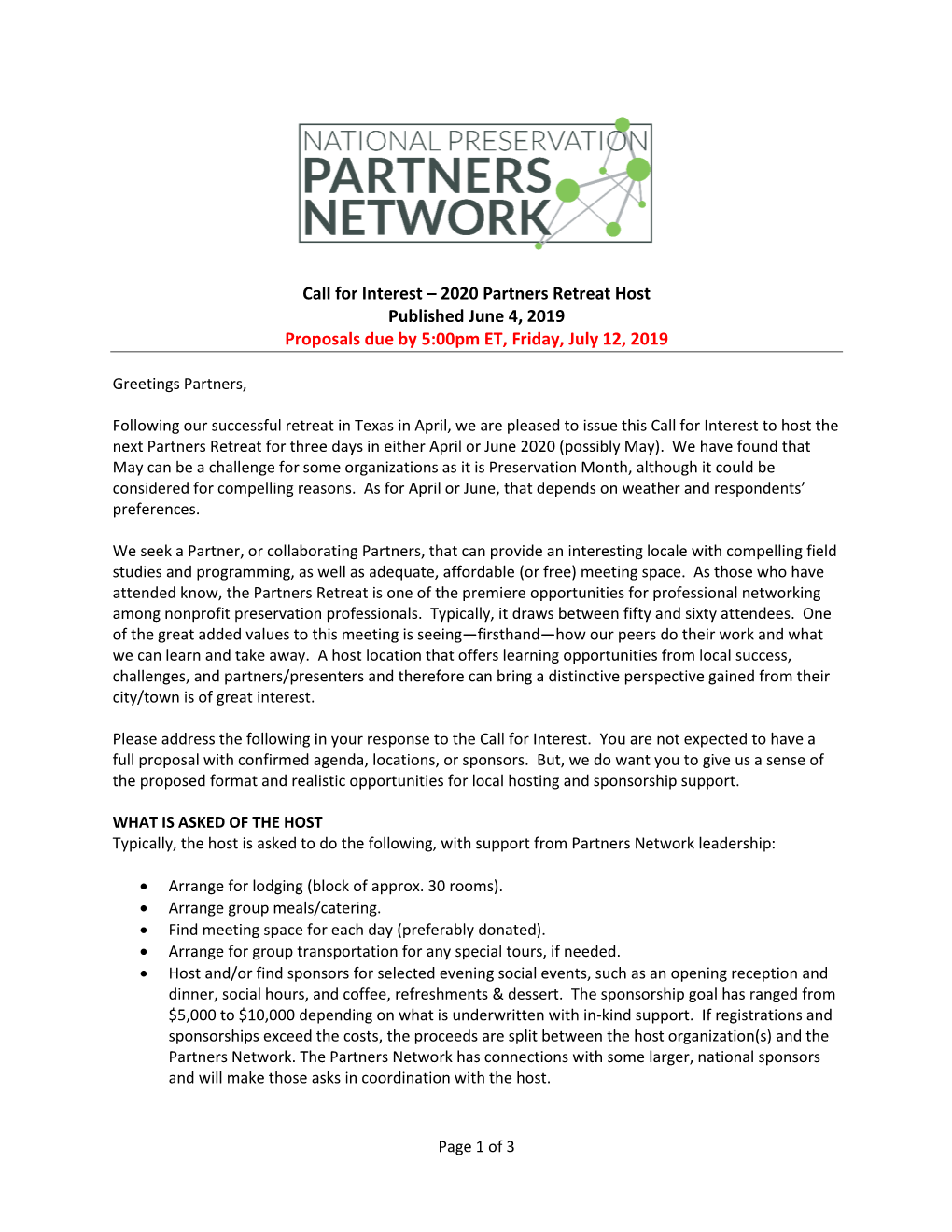 2020 Partners Retreat Host Published June 4, 2019 Proposals Due by 5:00Pm ET, Friday, July 12, 2019