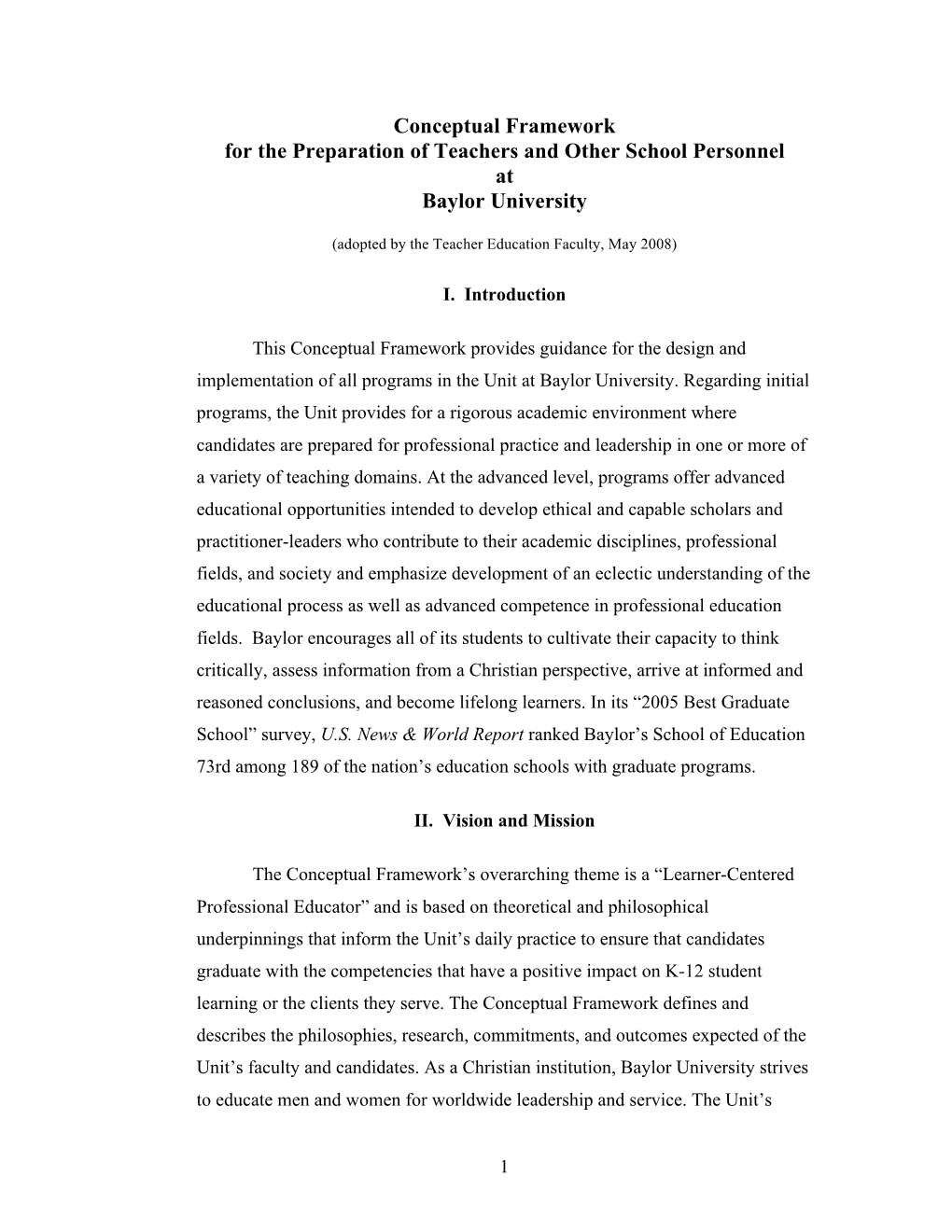 Conceptual Framework for the Preparation of Teachers and Other School Personnel at Baylor University