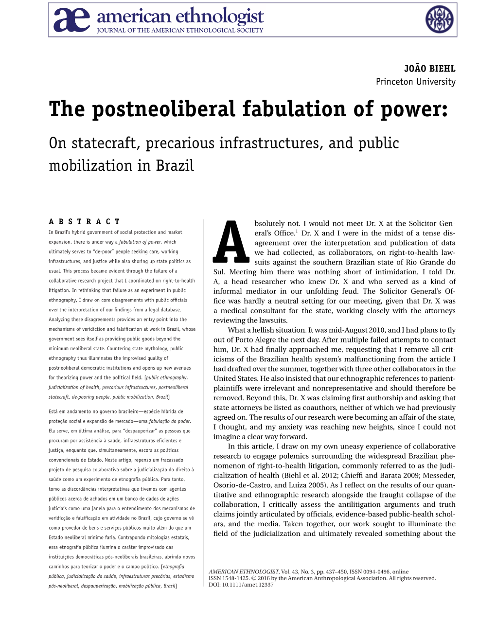 The Postneoliberal Fabulation of Power: on Statecraft, Precarious Infrastructures, and Public Mobilization in Brazil