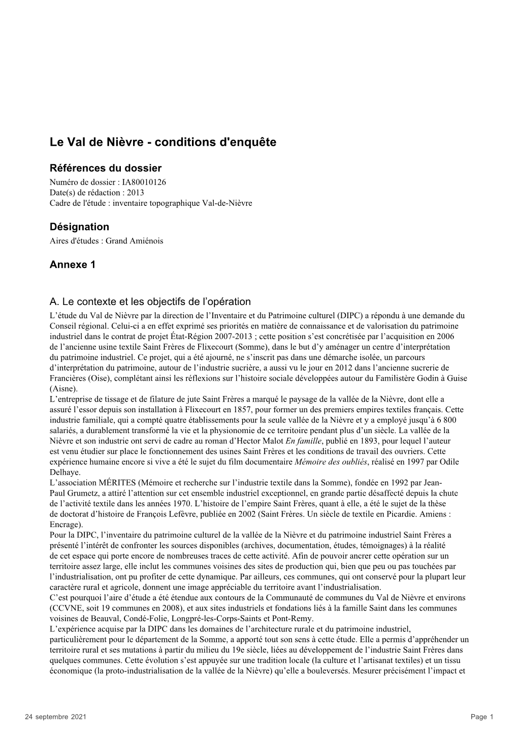 Le Val De Nièvre - Conditions D'enquête