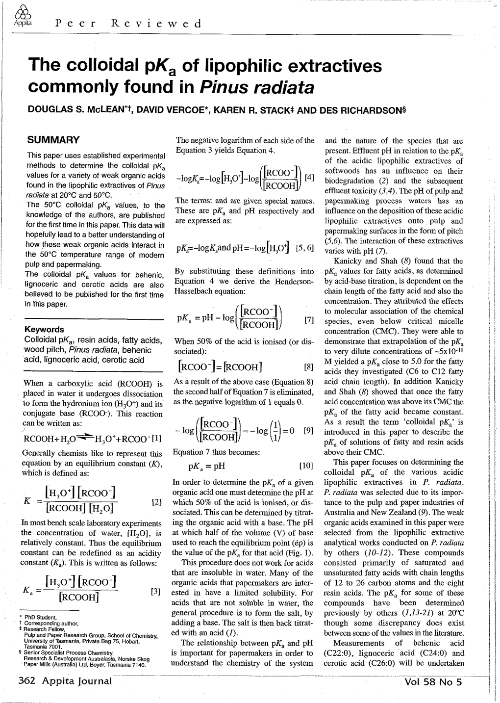 The Colloidal Pk, of Lipophilic Extractives Commonly Found in Pinus Radiata DOUGLAS S