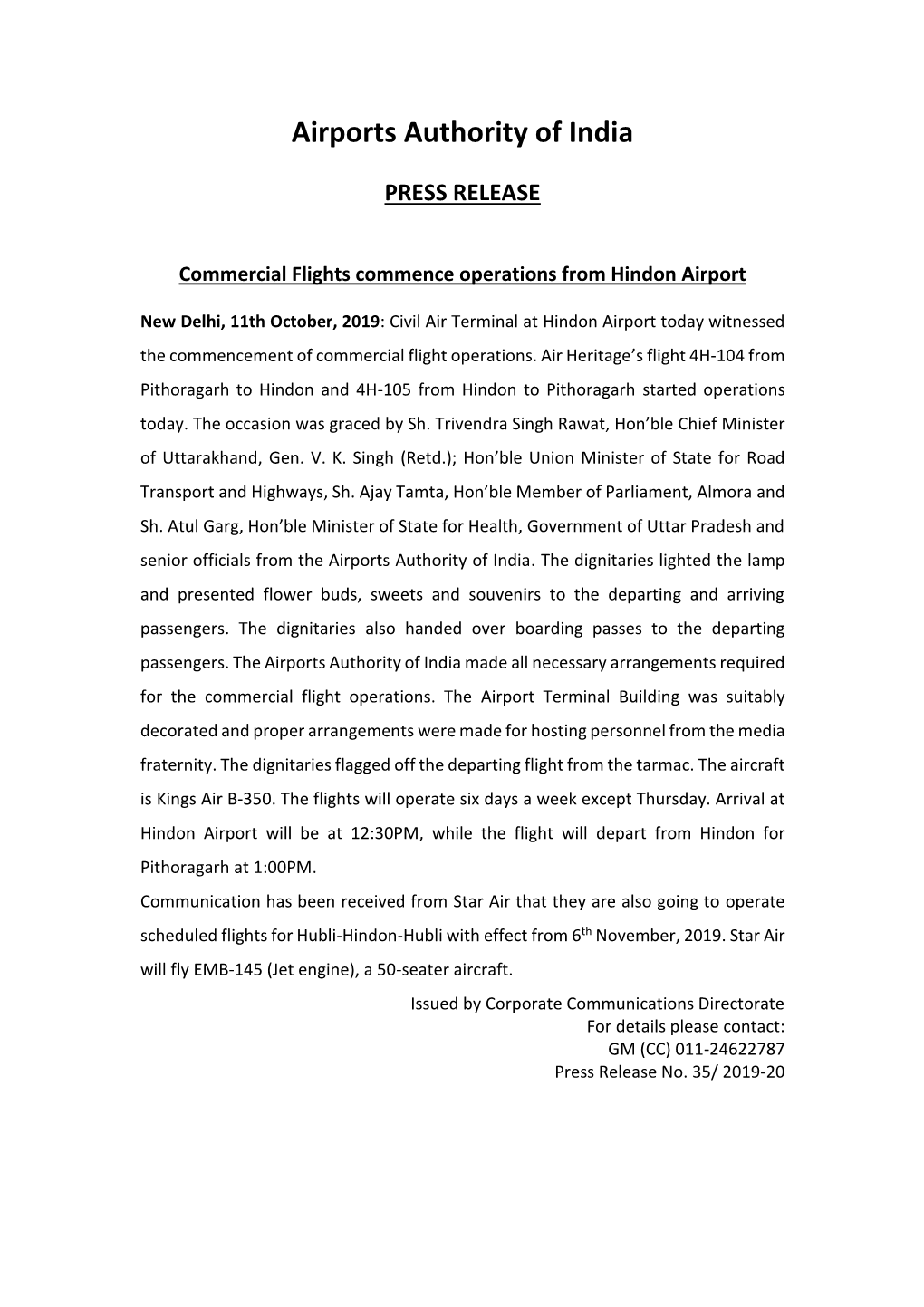 Airports Authority of India PRESS RELEASE