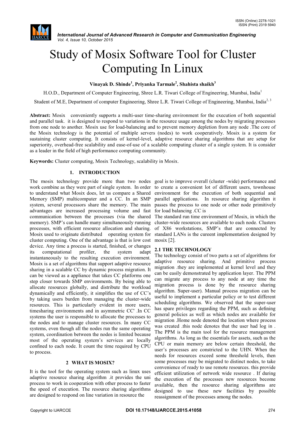 Study of Mosix Software Tool for Cluster Computing in Linux