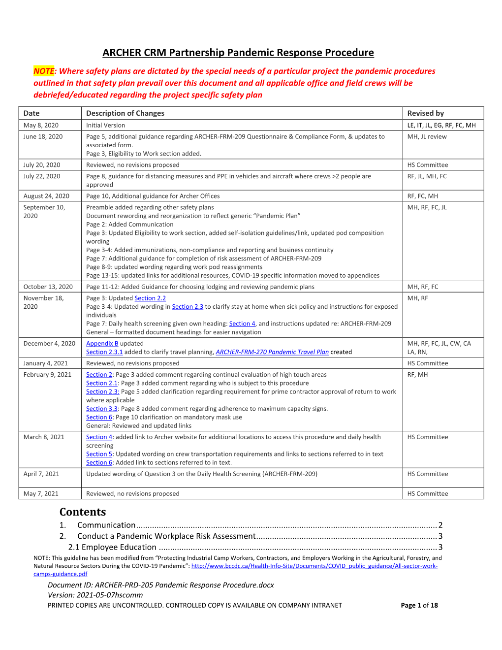 ARCHER CRM Partnership Pandemic Response Procedure Contents