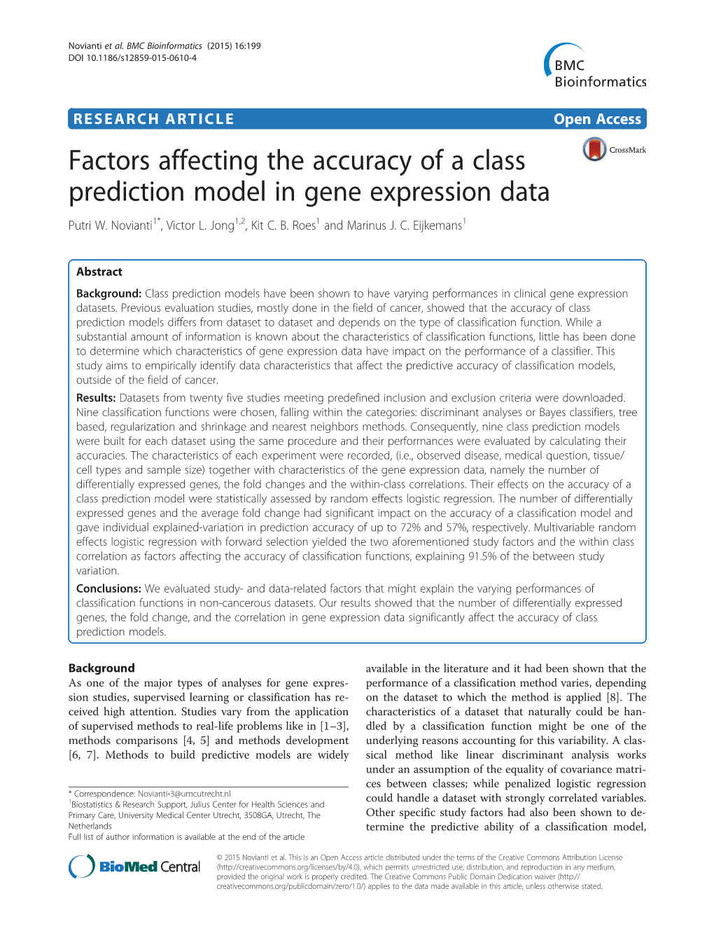 Factors Affecting the Accuracy of a Class Prediction Model in Gene Expression Data Putri W