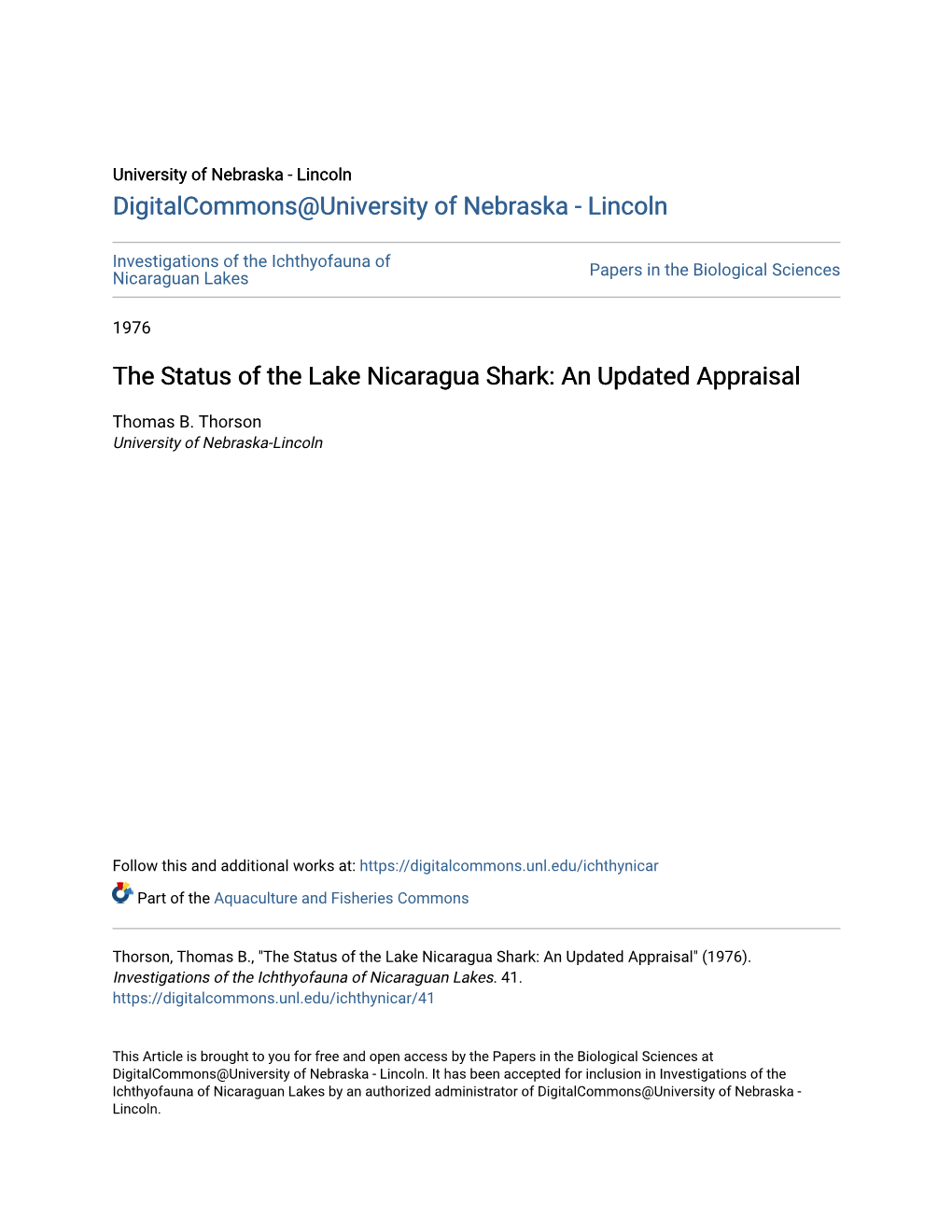 The Status of the Lake Nicaragua Shark: an Updated Appraisal