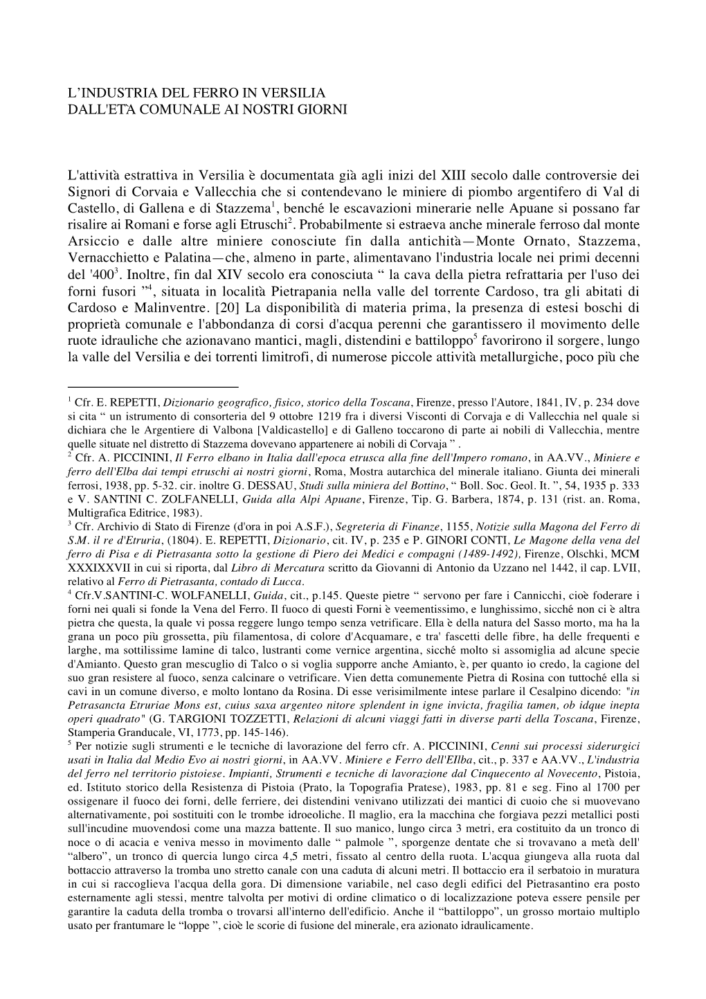 L'industria Del Ferro in Versilia Dall'età Comunale Ai Nostri Giorni, P. 20