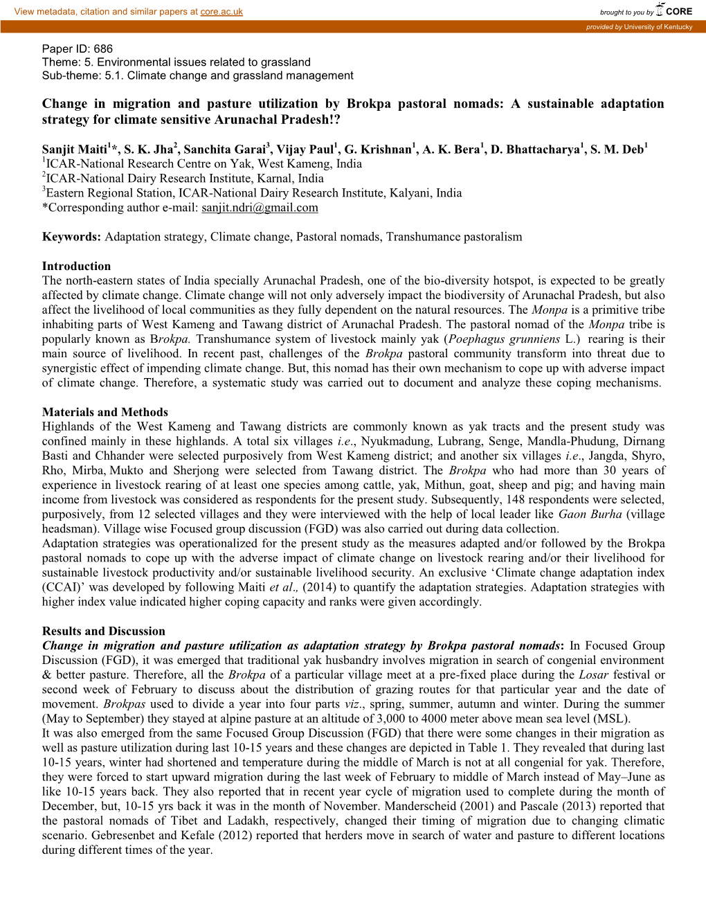 Change in Migration and Pasture Utilization by Brokpa Pastoral Nomads: a Sustainable Adaptation Strategy for Climate Sensitive Arunachal Pradesh!?