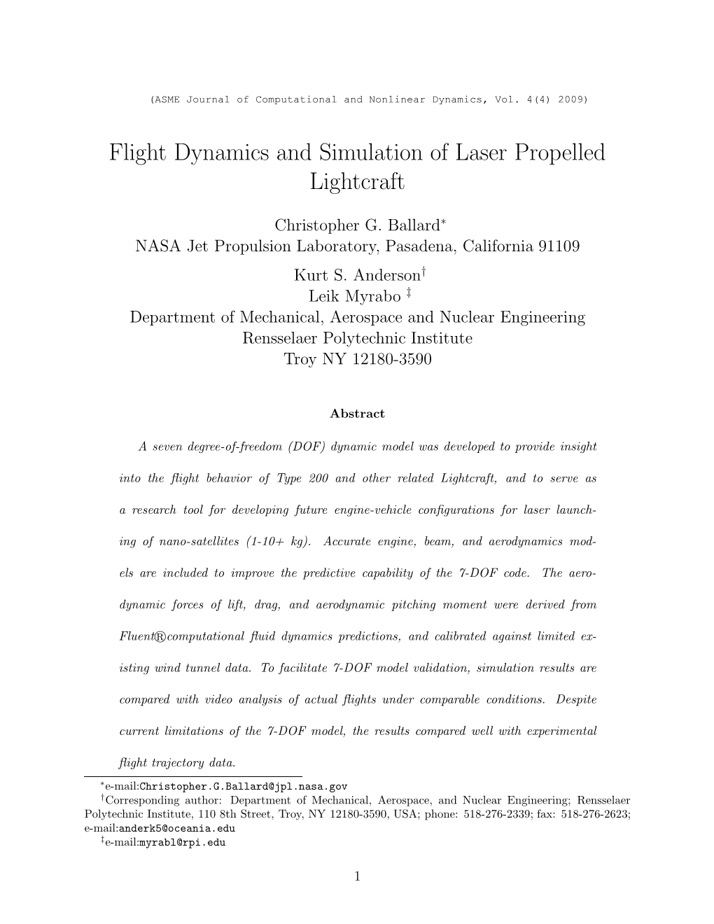 Flight Dynamics and Simulation of Laser Propelled Lightcraft