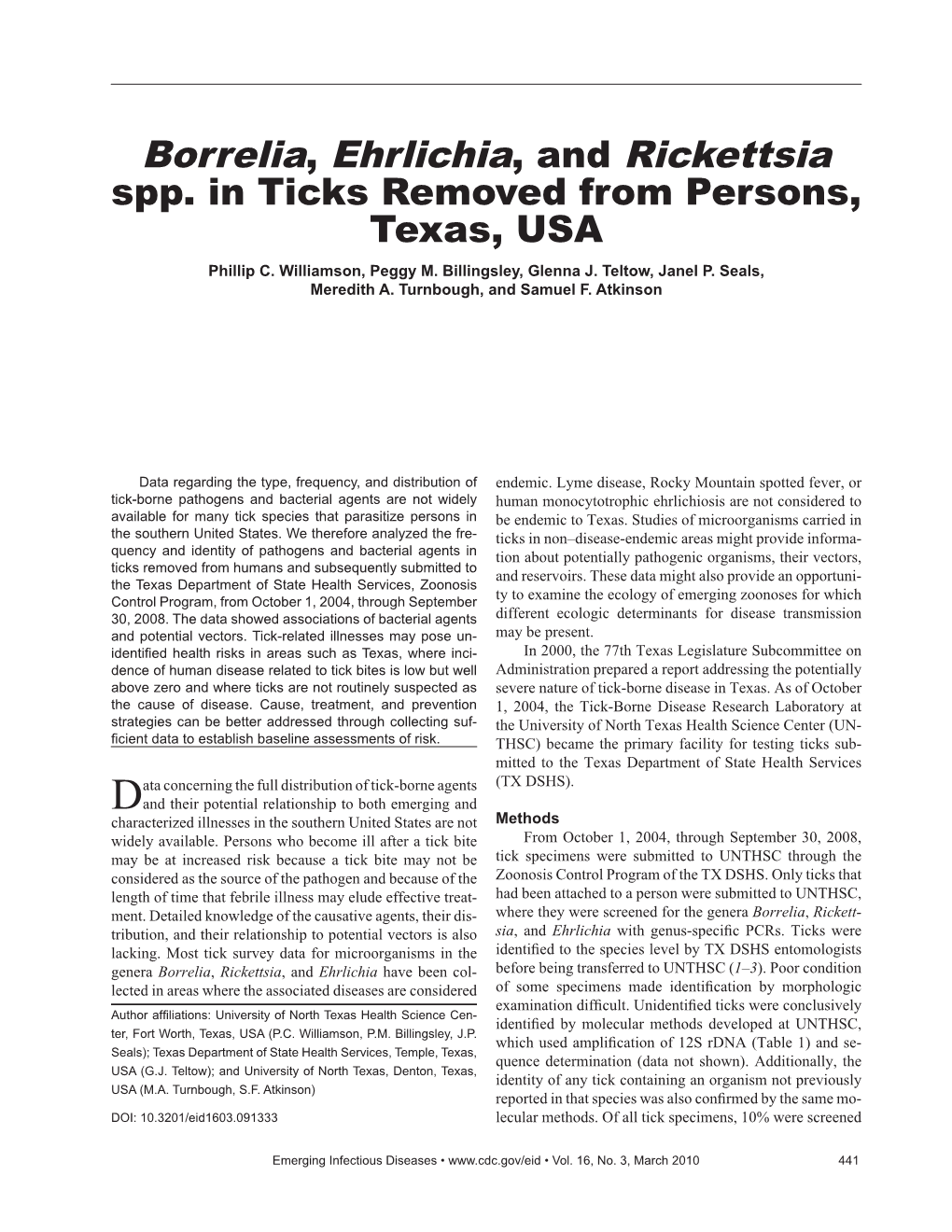 Borrelia, Ehrlichia, and Rickettsia Spp