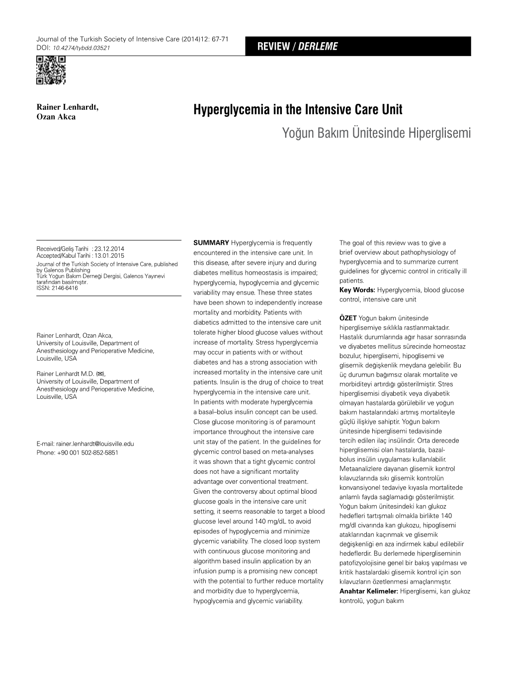 Hyperglycemia in the Intensive Care Unit Yoğun Bakım Ünitesinde Hiperglisemi