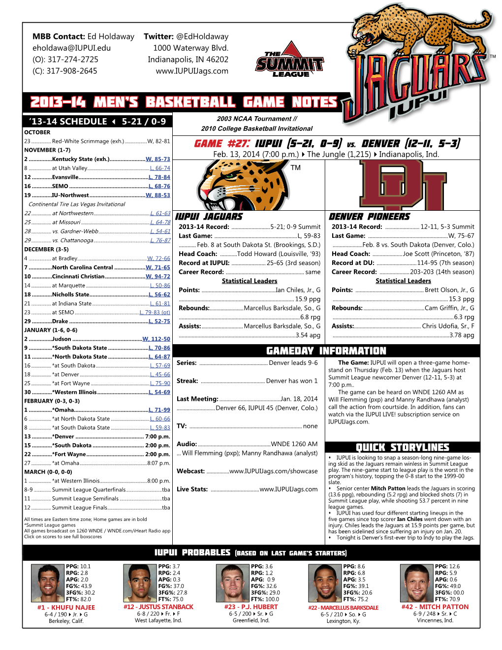 2013-14 Men's Basketball Game Notes