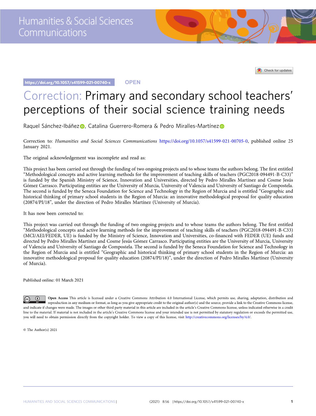 Correction: Primary and Secondary School Teachers' Perceptions of Their