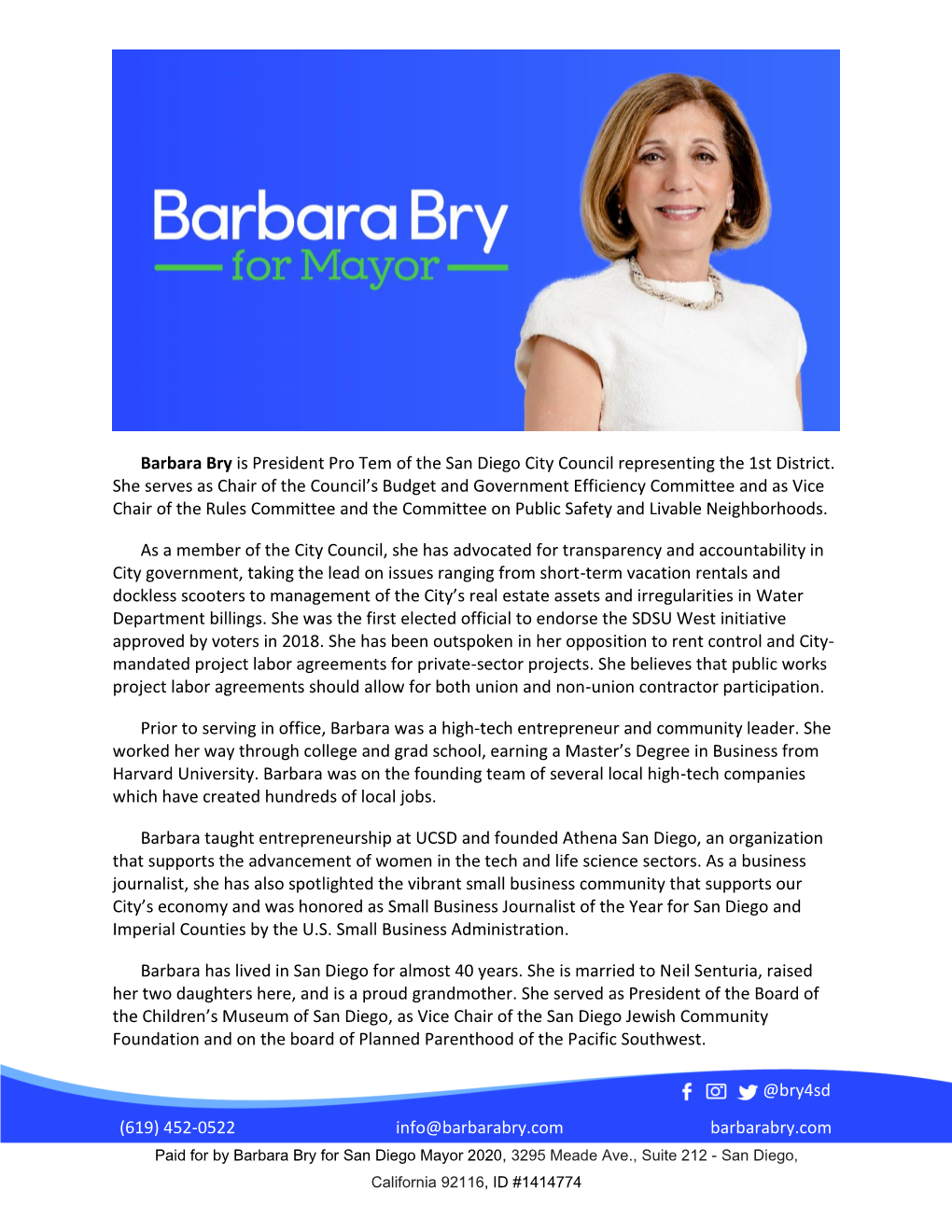 Barbara Bry Is President Pro Tem of the San Diego City Council Representing the 1St District