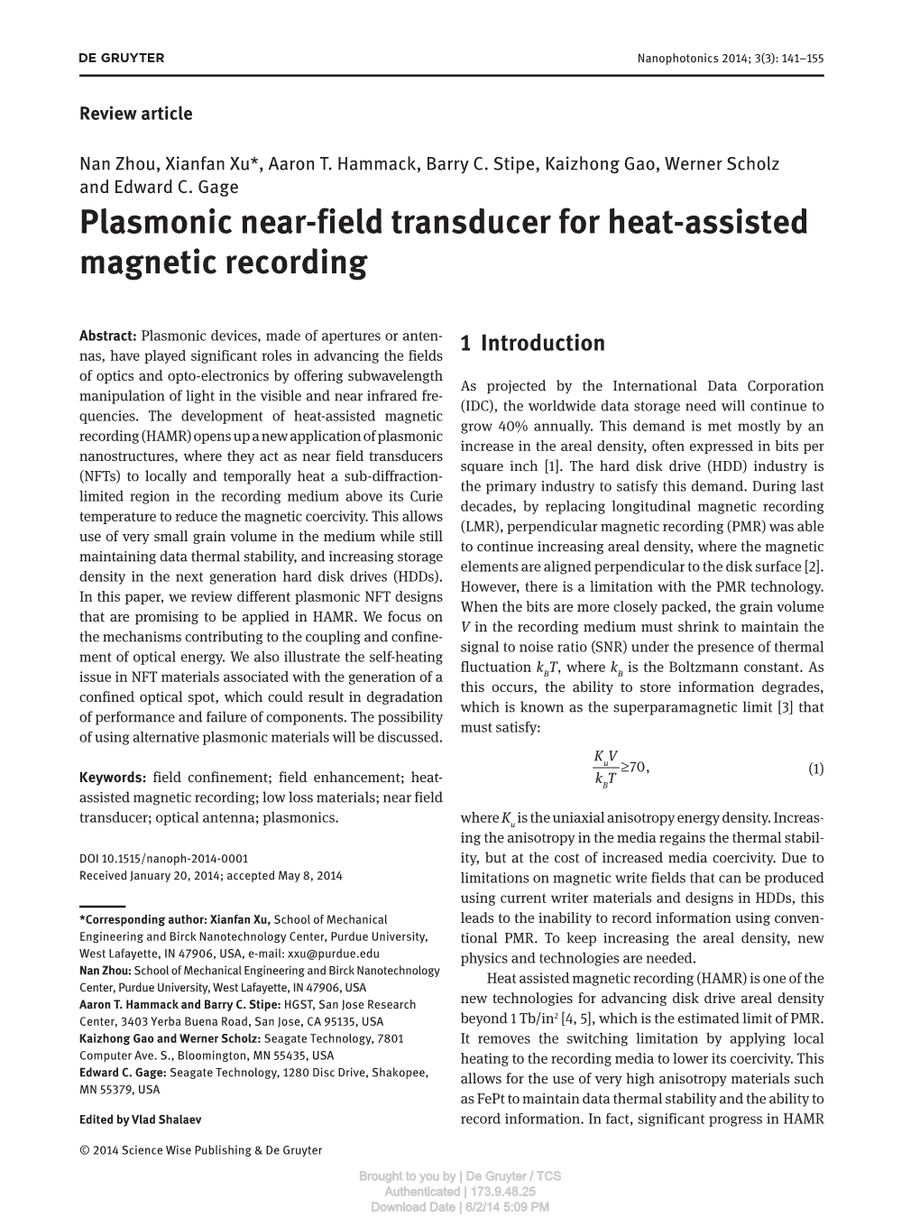 Plasmonic Near-Field Transducer for Heat-Assisted Magnetic Recording